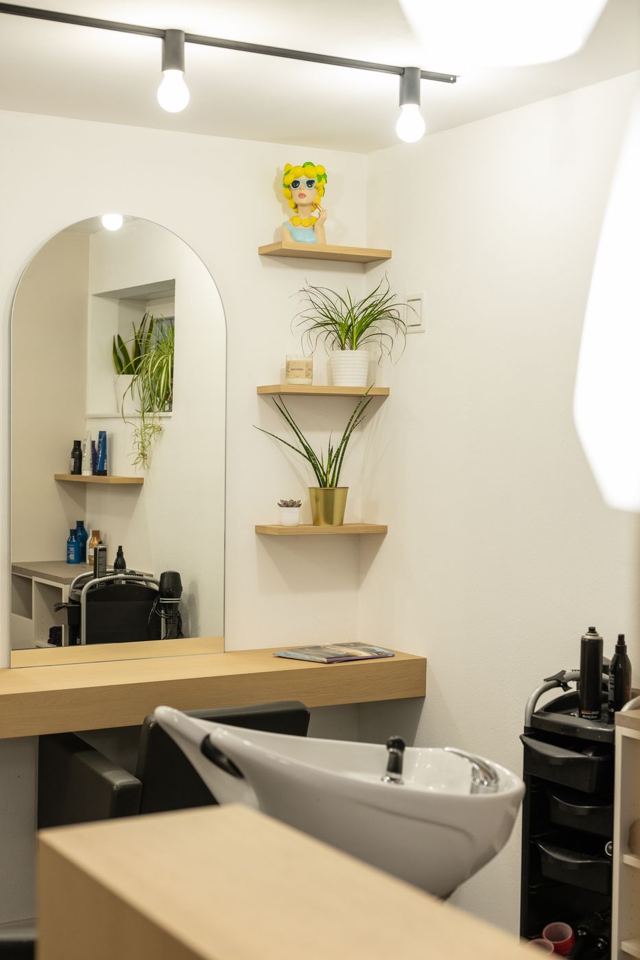 Waschplatz und Arbeitsplatz mit Pflanzenregal